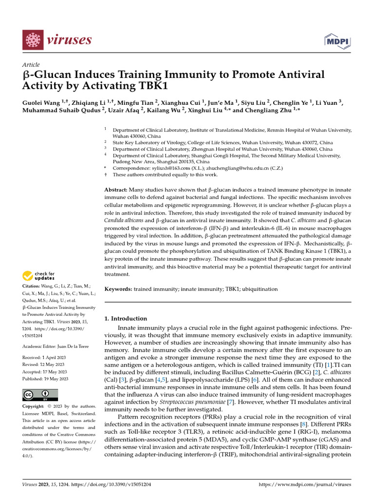 Betaglucana Trained Immunity Antiviral | PDF | Interferon | Reverse ...