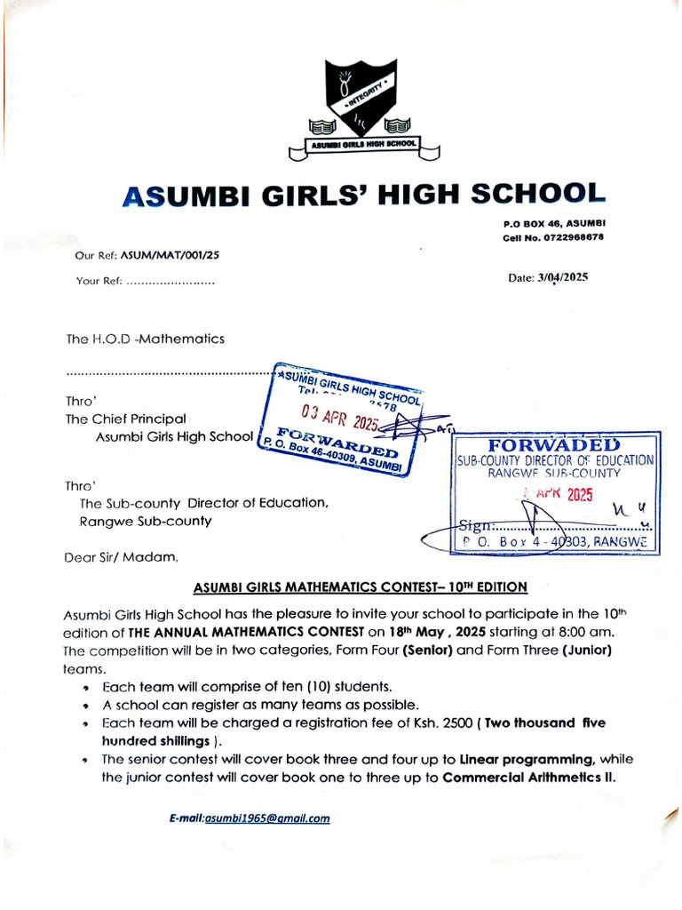 Asumbi Maths Contest 2025 | PDF