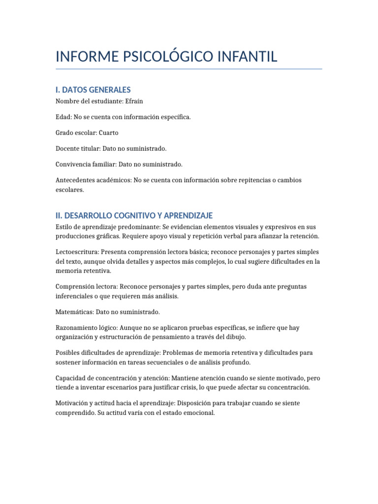 Informe Psicológico Infantil de Efraín | PDF | Aprendizaje | Las emociones