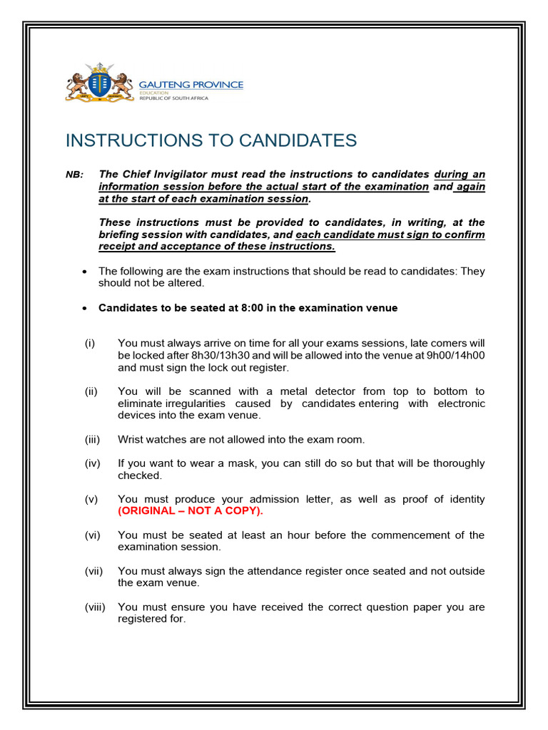 Examination Instructions for Candidates | PDF