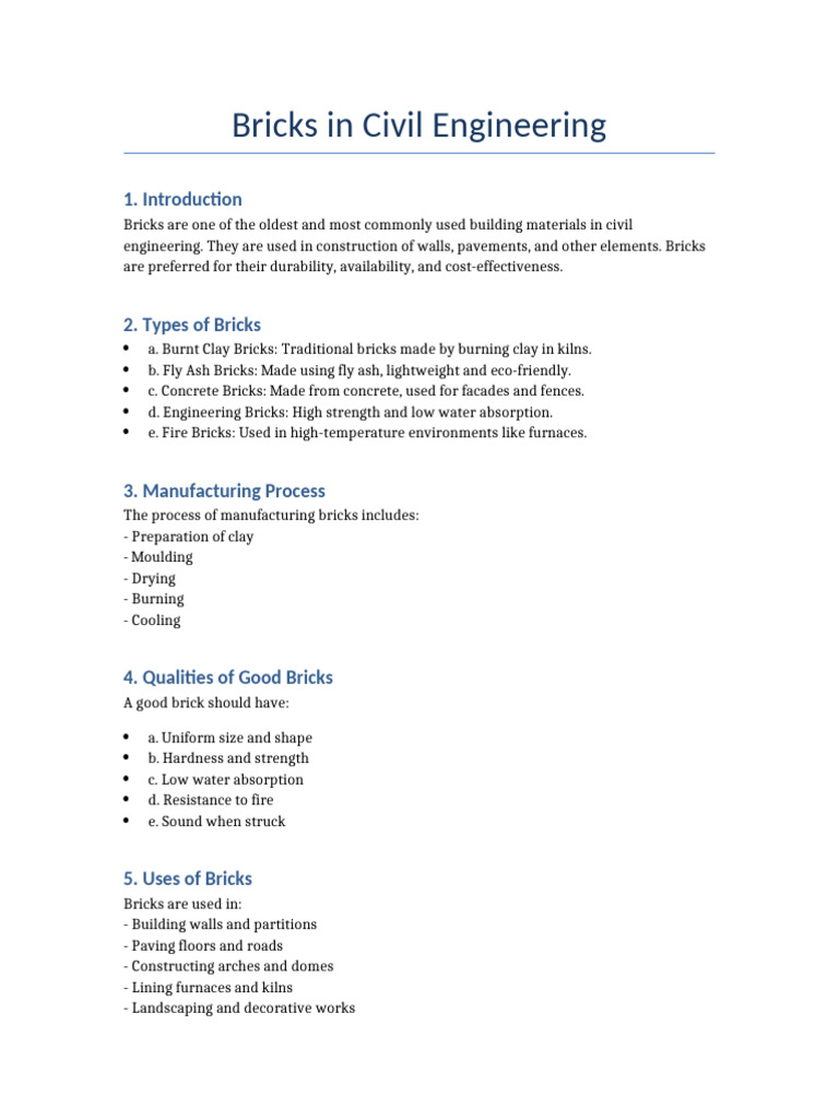 Bricks: Types and Uses in Civil Engineering | PDF