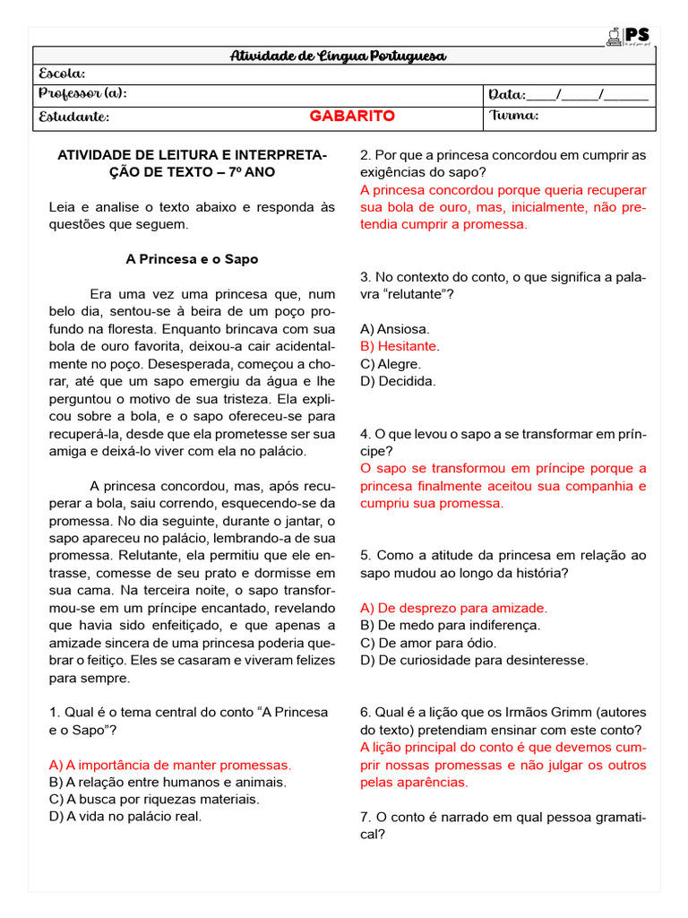 Atividade: A Princesa e o Sapo - 7º Ano | PDF | Contos