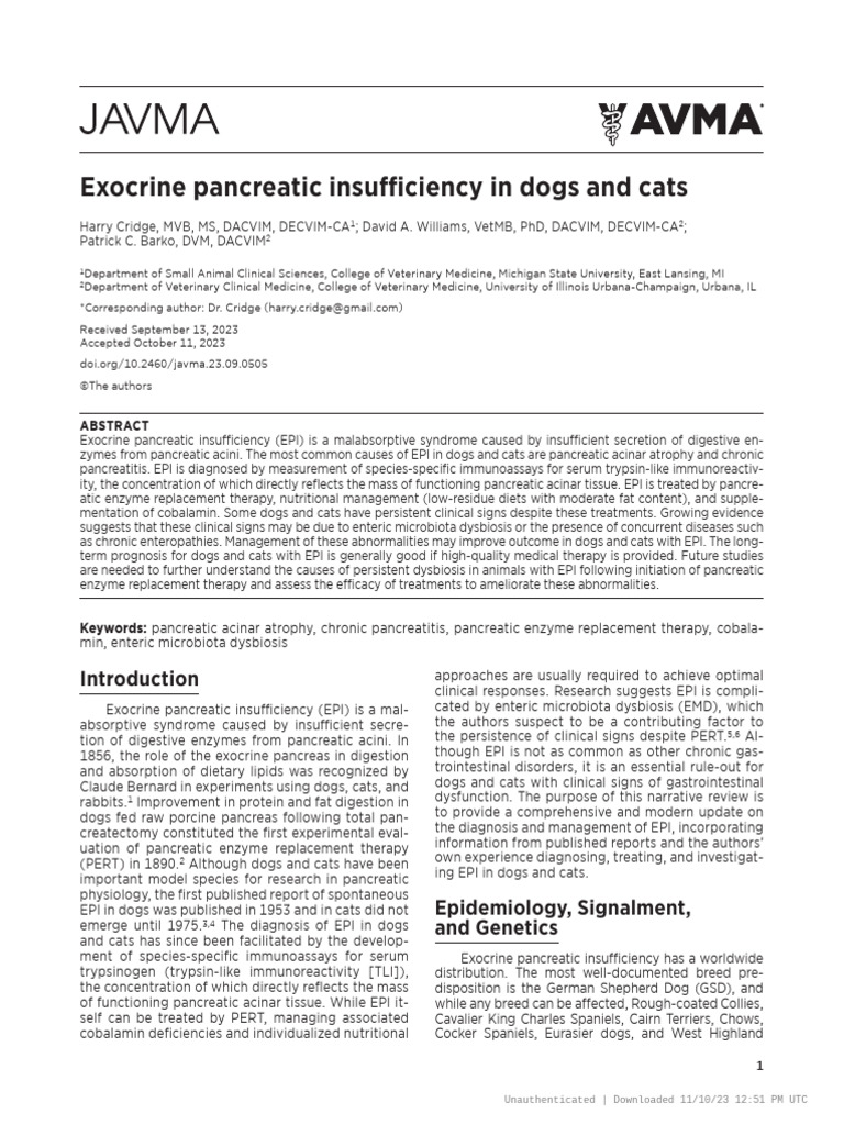 Exocrine Pancreatic Insufficiency in Pets | PDF | Vitamin B12 | Digestion
