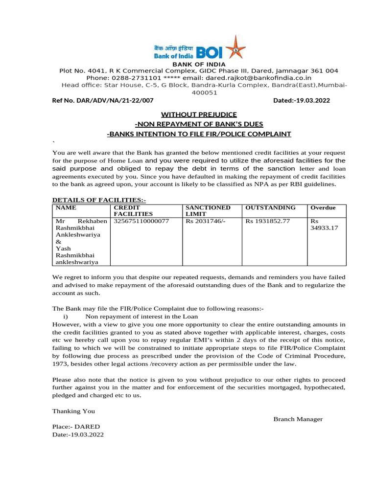 Pre FIR Notice | PDF | Loans | Banks