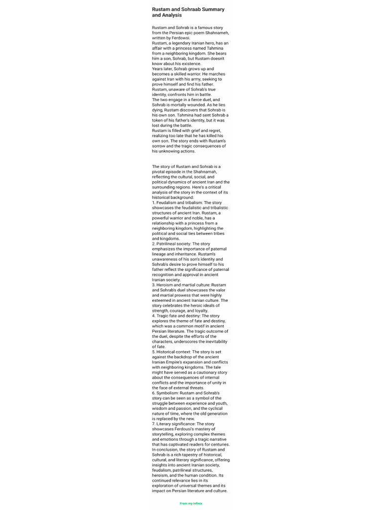 Rustam and Sohraab Summary and Analysis | PDF