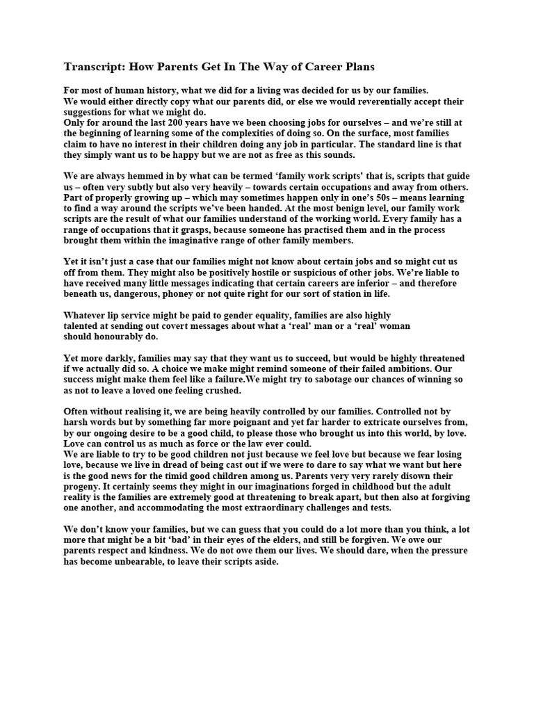 Transcript How Parents Get in The Way of Career Plans PDF | PDF