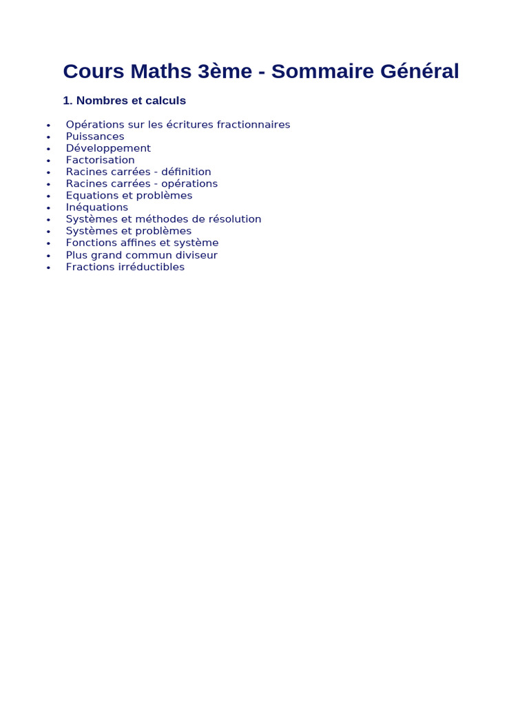 Cours de Maths 3ème - Sommaire Général | PDF