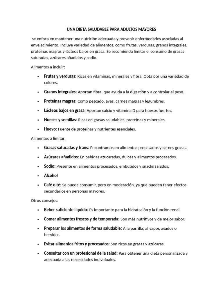Dieta Saludable para Adultos Mayores | PDF | Alimentos | Fruta