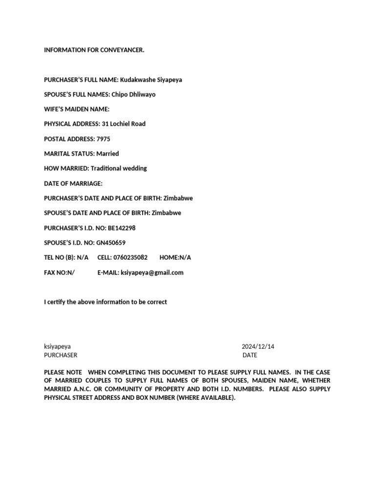 Conveyancer Information for Purchaser | PDF