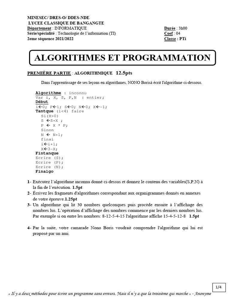 Algorithmes et Programmation en C | PDF | Programme informatique ...