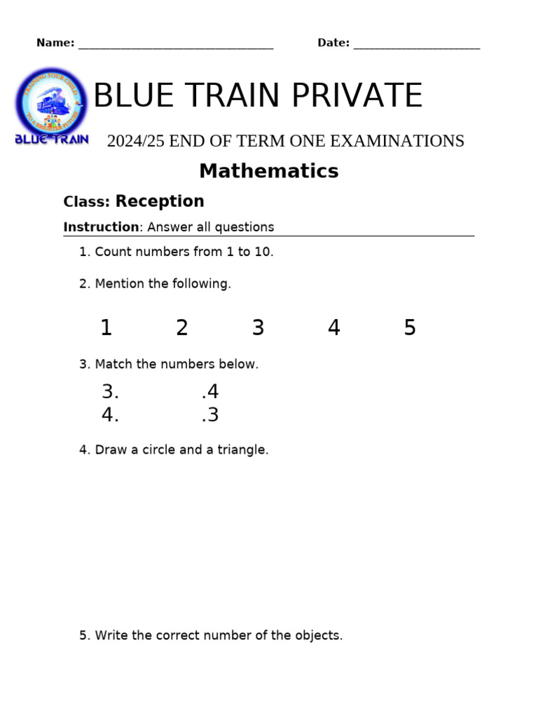 Reception Math Exam Paper 2024/25 | PDF