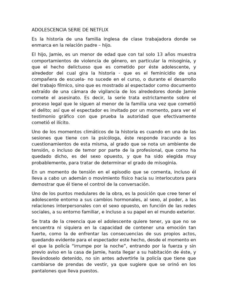 Resumen de "Adolescencia" en Netflix | PDF