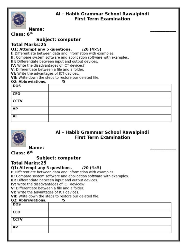 Class 6 Computer Exam Paper 2025 | PDF