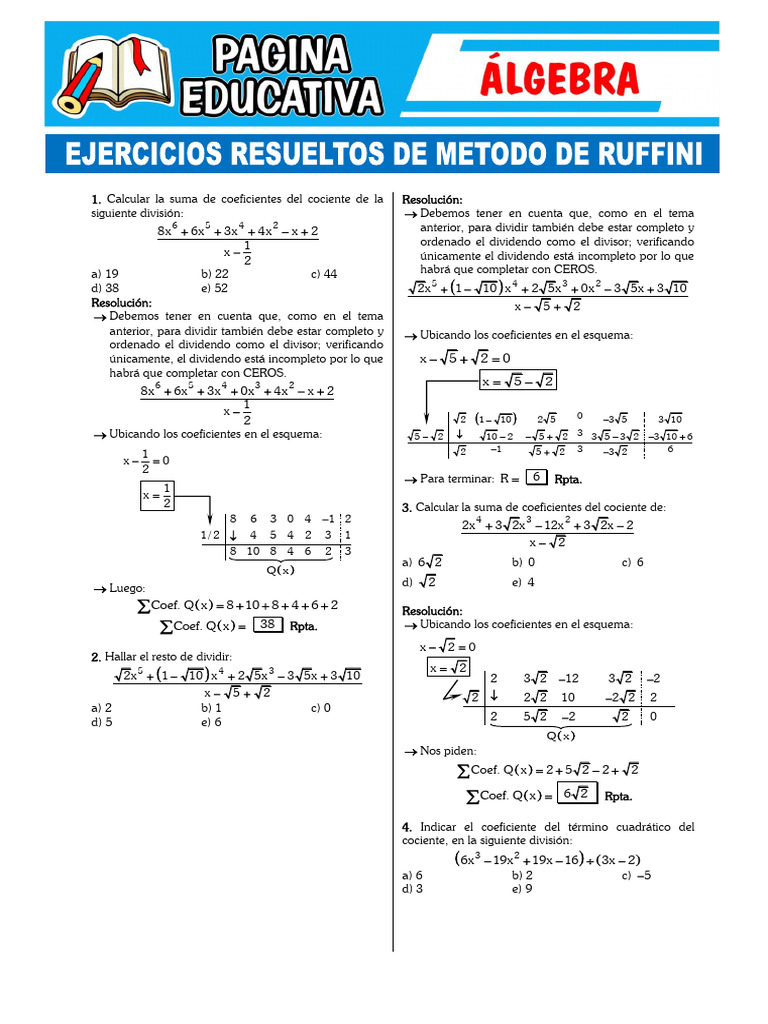 Ejercicios Resueltos Método de Ruffini | PDF | División (Matemáticas ...