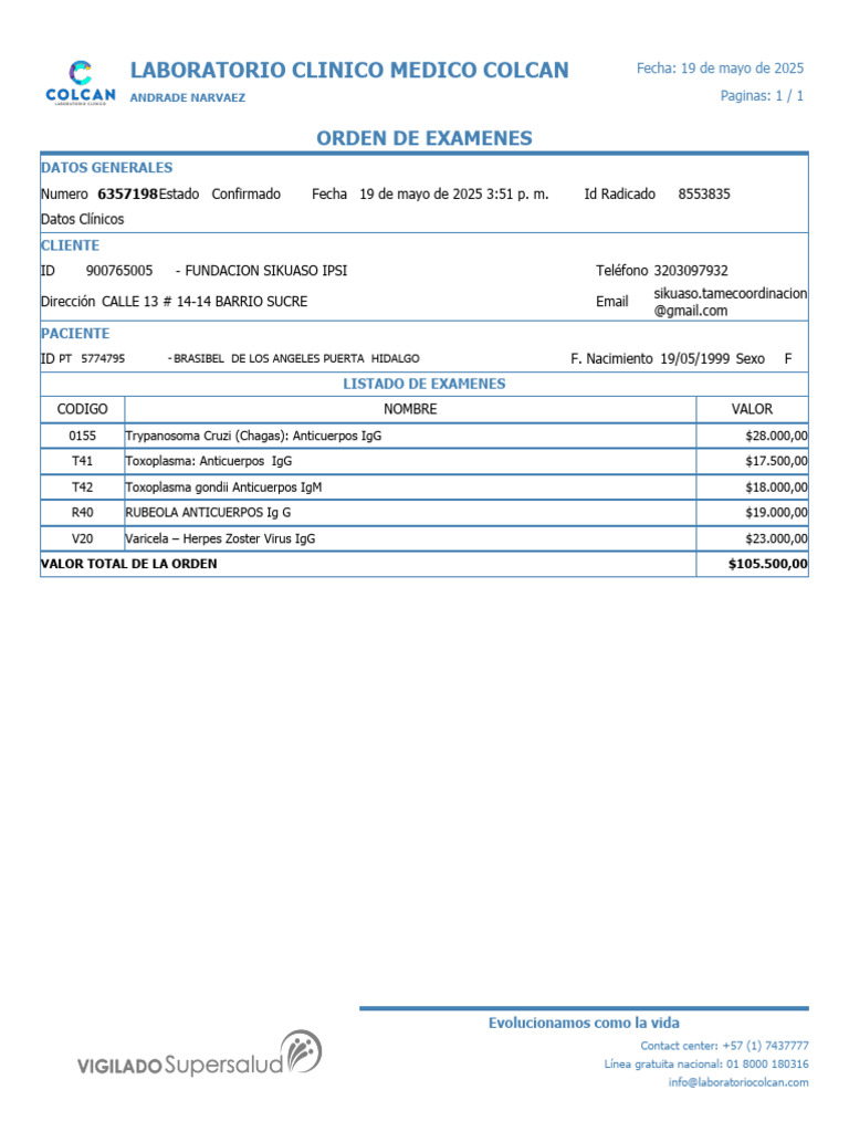 Orden de Exámenes Laboratorio Colcan | PDF | Inmunología | Medicina ...