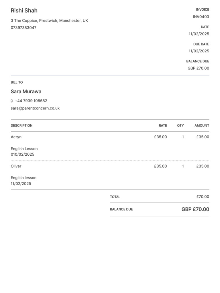 Invoice for English Lessons - £70.00 | PDF