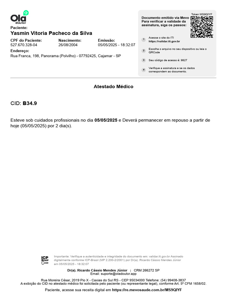 Atestado Médico - CID B34.9 | PDF | Brasil