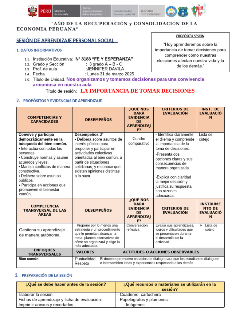 SESION. PERSONAL S. Lunes 31 Marzo | PDF | Aprendizaje | Toma de decisiones