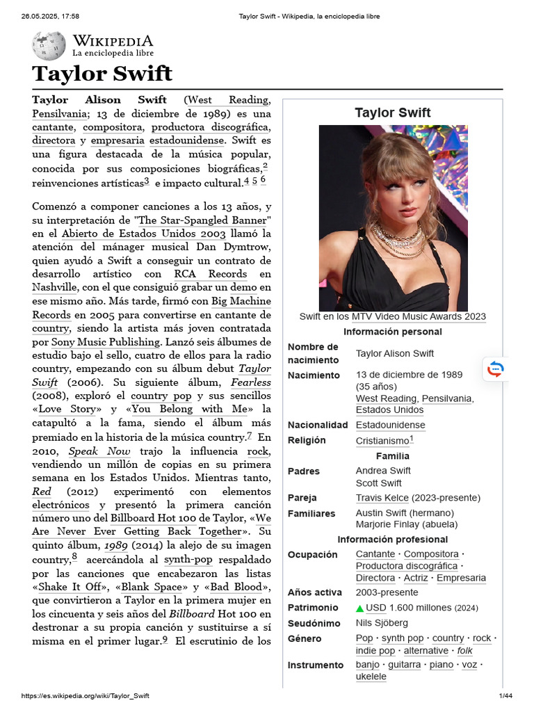 Taylor Swift - Wikipedia, La Enciclopedia Libre | PDF | Taylor Swift ...