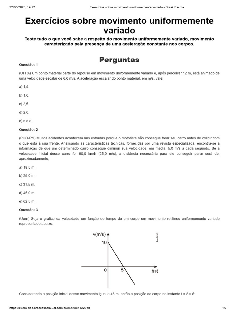 Exercícios sobre Movimento Uniformemente Variado | PDF | Aceleração ...