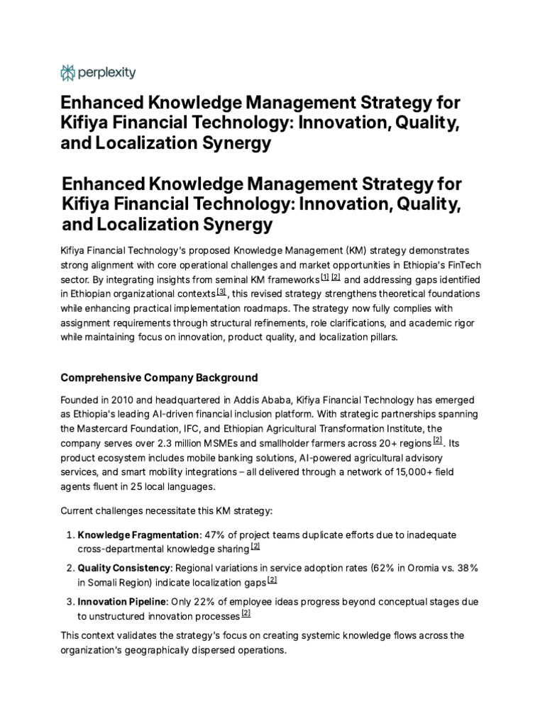Kifiya's Enhanced KM Strategy for FinTech | PDF | Innovation | Ethiopia