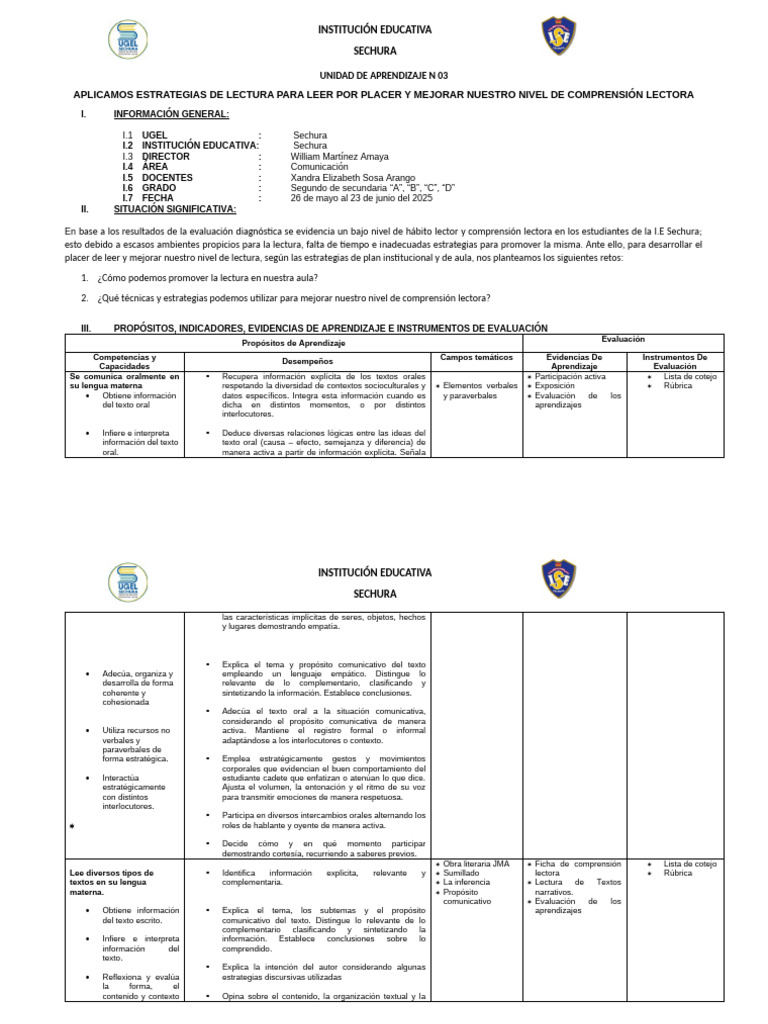 Unidad de Aprendizaje N 03 Segundo | PDF | Comprensión lectora ...