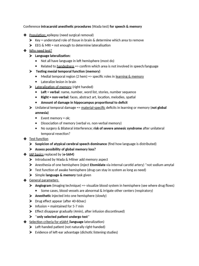 Wada Test for Language and Memory Assessment | PDF | Amnesia ...