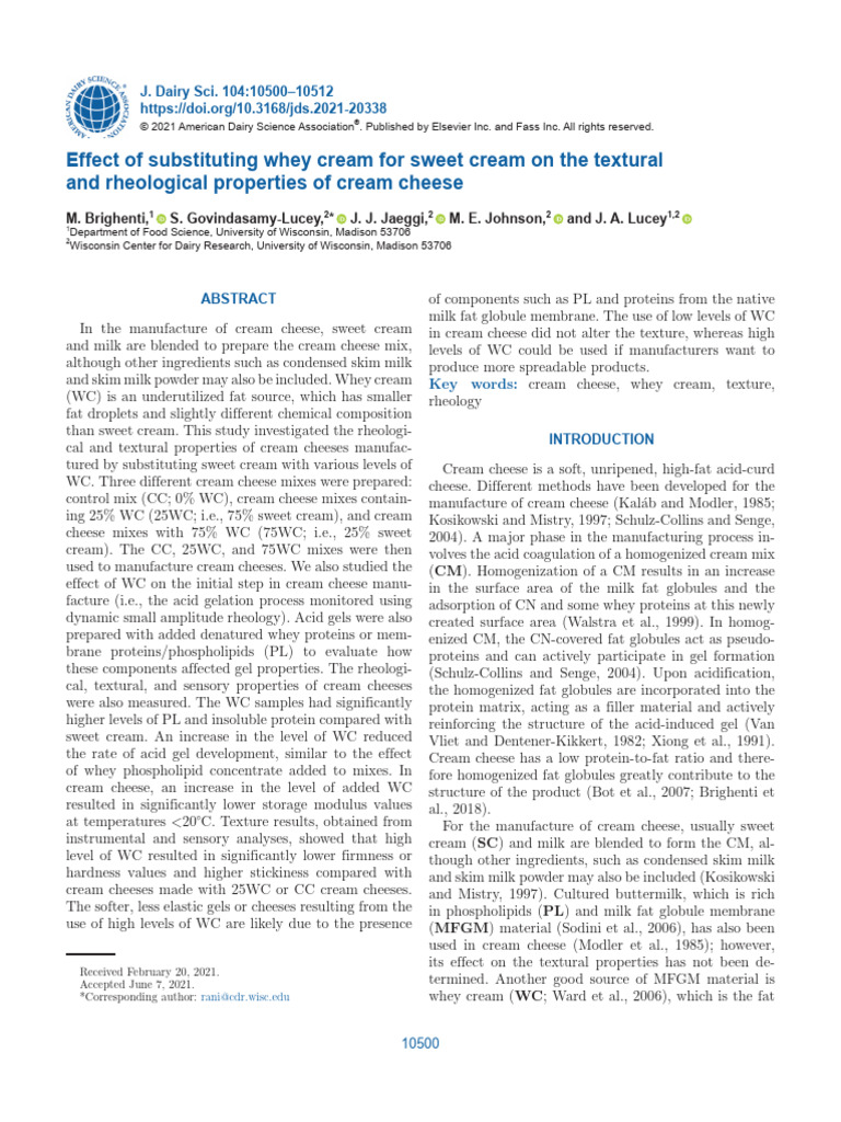 Brighenti - Effect of Substituting Whey Cream For Sweet Cream On The ...