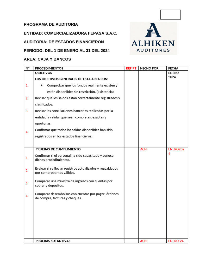 Programa de Auditoría Financiera 2024 | PDF | Cuentas por pagar | Auditoría