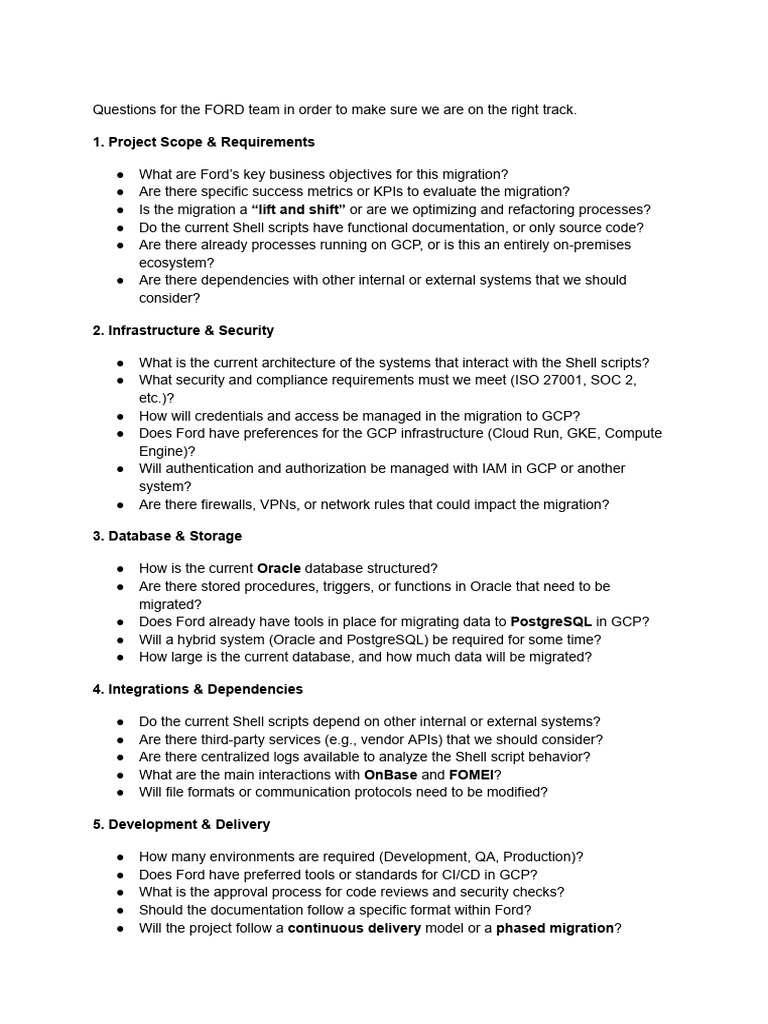 Ford Migration Project Questions | PDF | Databases | Postgre Sql