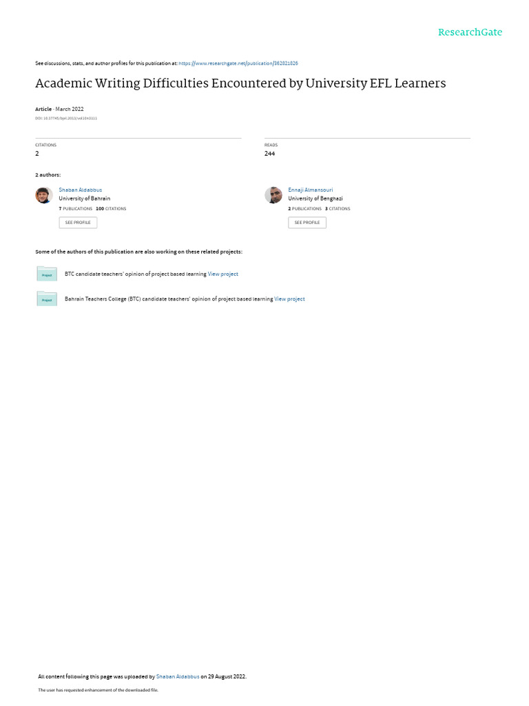 Academic Writing Difficulties Encountered by University EFL Learners ...