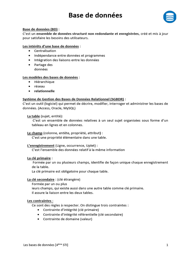 Introduction aux bases de données STI | PDF | SQL | Base de données ...