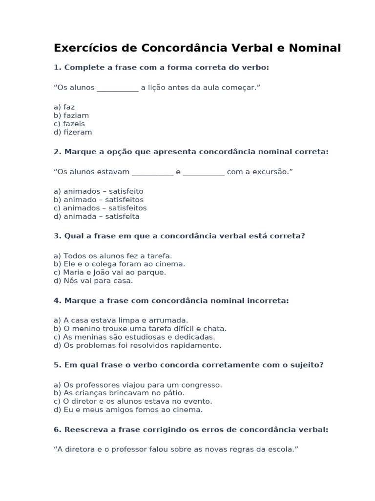Exercícios de Concordância Verbal e Nominal | PDF