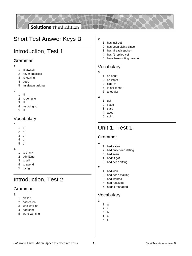Upper-Intermediate Test Answer Keys | PDF