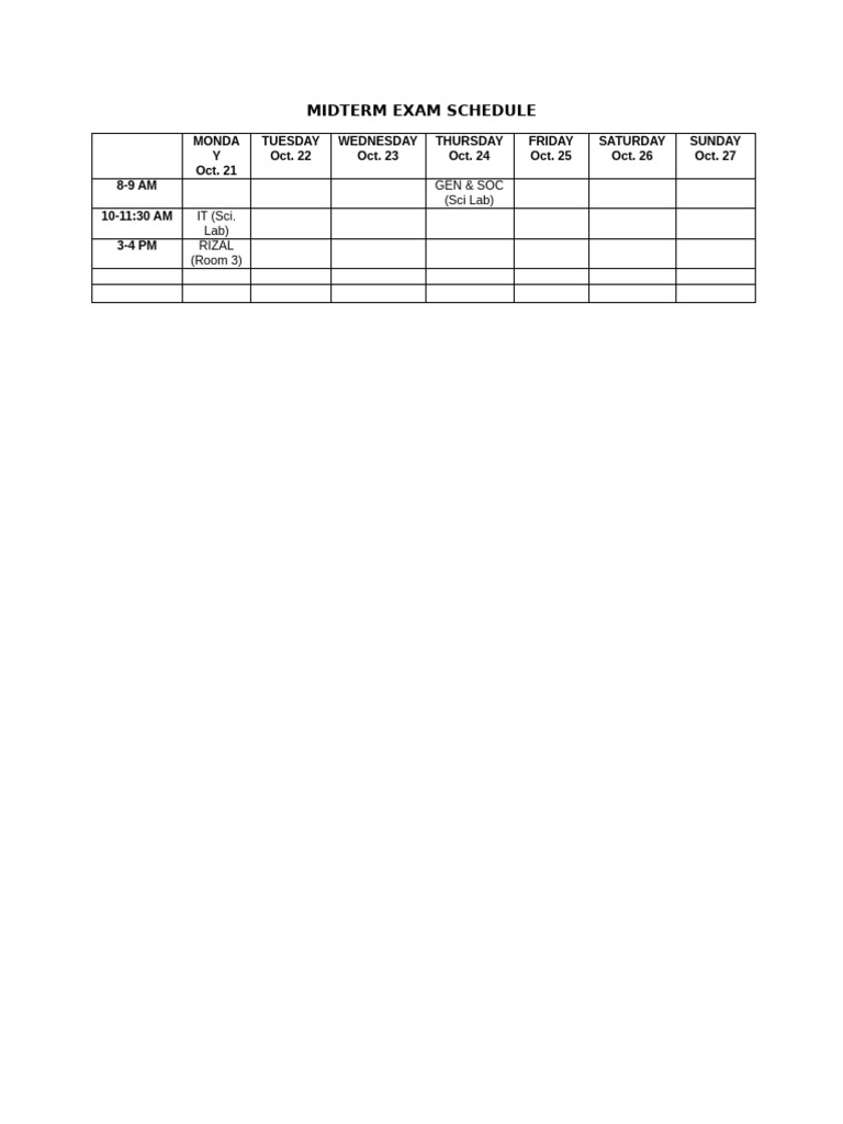 Midterm Exam Schedule: Oct 21-27 | PDF