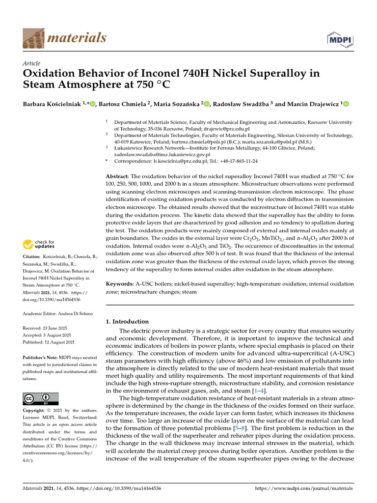 Oxidation Behavior of Inconel 740H Nickel Superalloy in | PDF ...