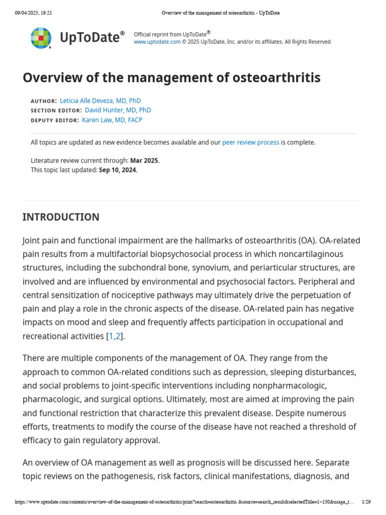 Overview of The Management of Osteoarthritis - UpToDate | PDF ...