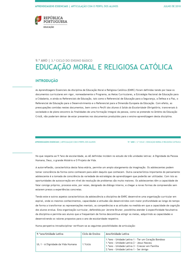 Aprendizagens em EMRC para 9.º Ano | PDF | Aprendizado | Deus