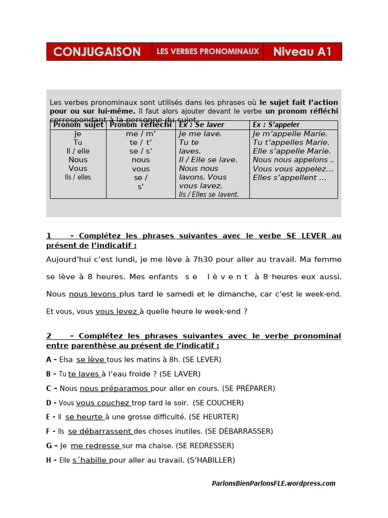 Exercices sur les verbes pronominaux | PDF | Sujet (Grammaire) | Phrase