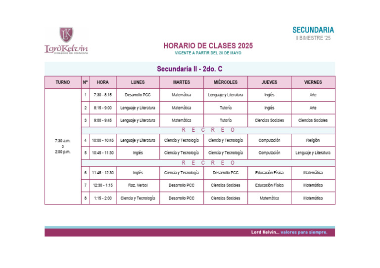 Horario de Clases 2025: Secundaria II - 2do. C | PDF