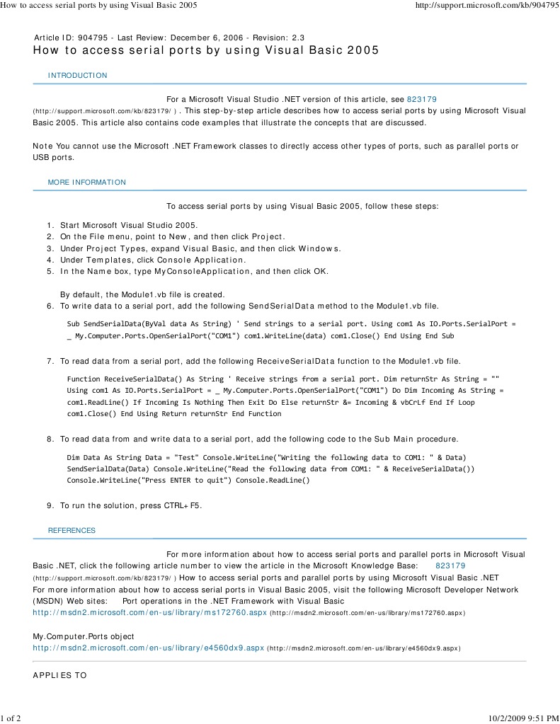 How To Access Serial Ports by Using Visual Basic 2005 PDF Visual
