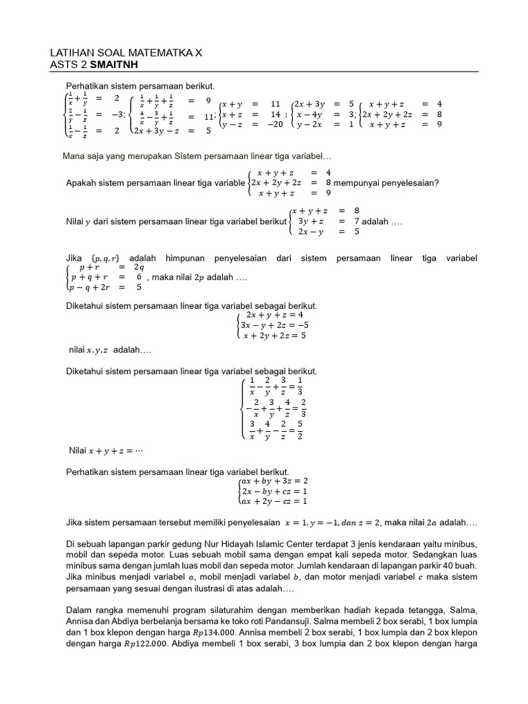Soal Sistem Persamaan Linear 3 Variabel | PDF
