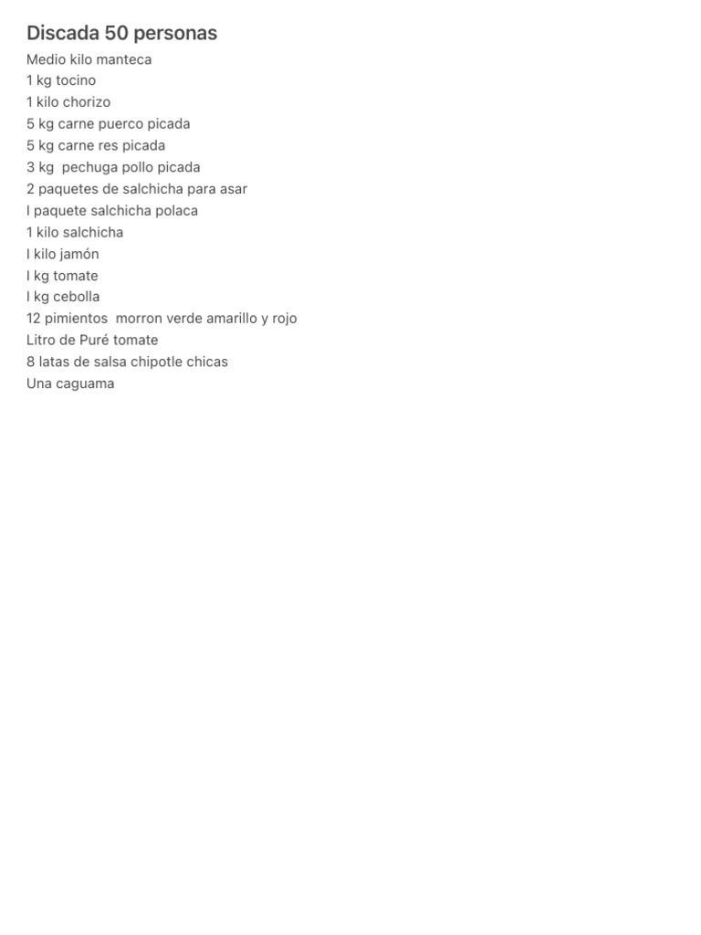 Receta de Discada para 50 Personas | PDF