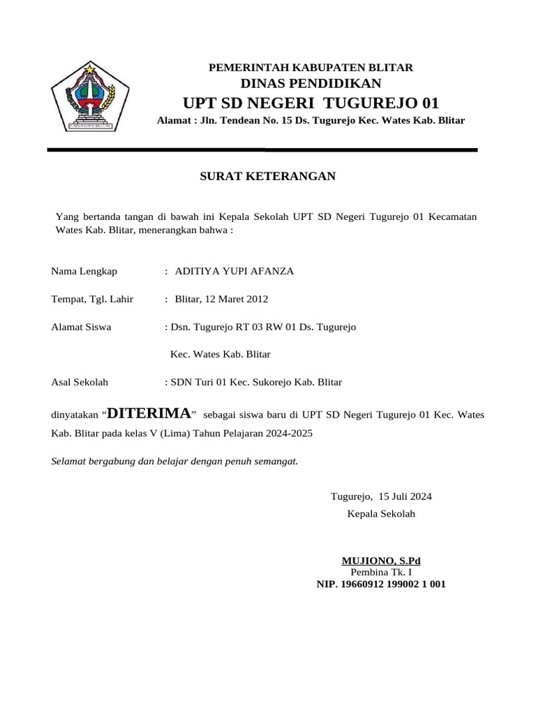 Surat Keterangan Diterima Siswa Baru | PDF