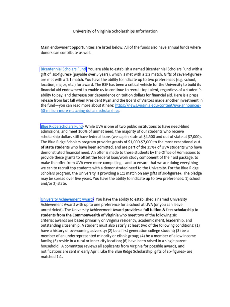 UVA Scholarship Opportunities Overview PDF Student Financial Aid In