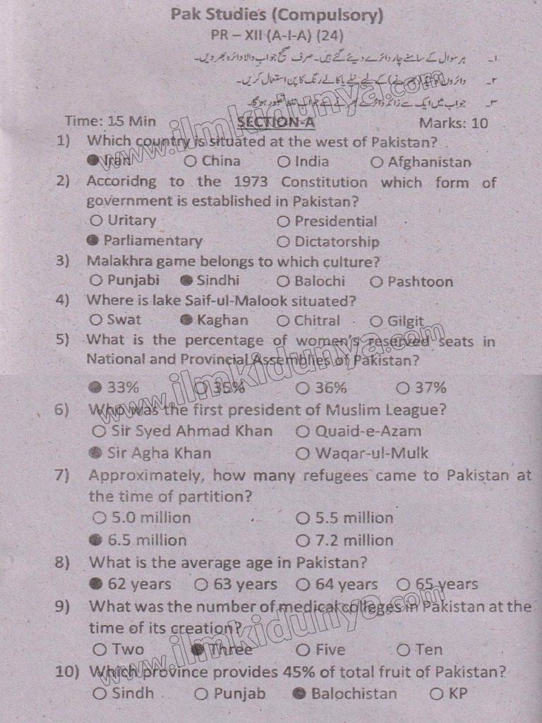 Past Paper 2024 12th Class Peshawar Board Pak Studies English Medium ...