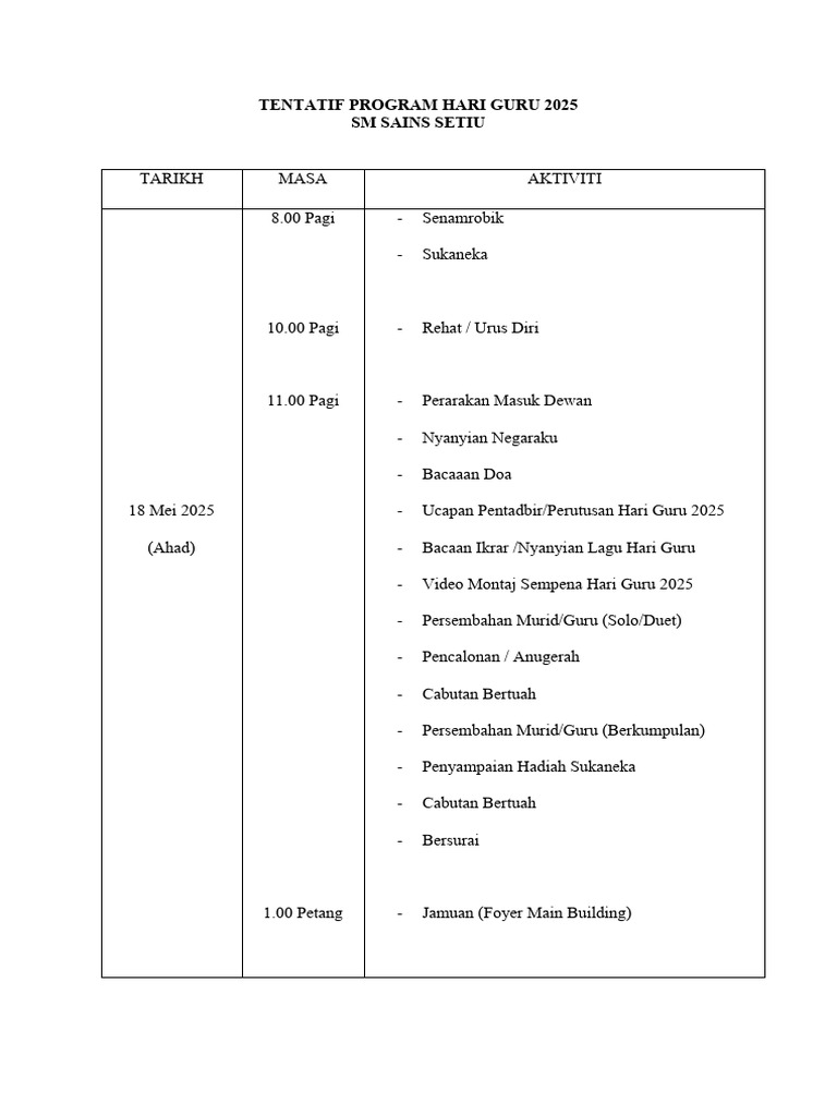 Tentatif Program Hari Guru Sais 2025 | PDF