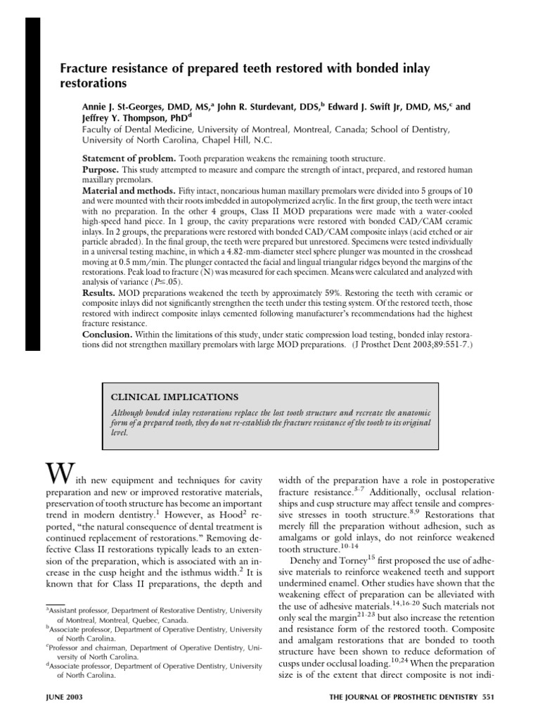 Fracture Resistance of Prepared Teeth Restored With Bonded Inlay ...