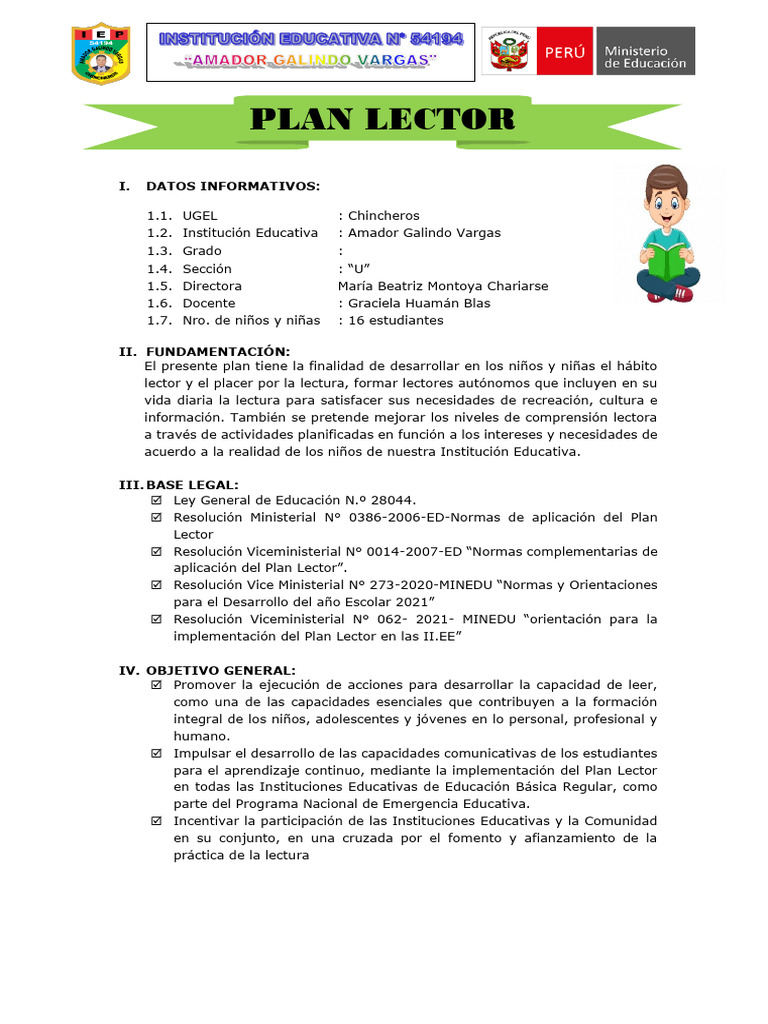 Plan Lector para Cuarto Grado en Chincheros | PDF | Maestros | Escuelas