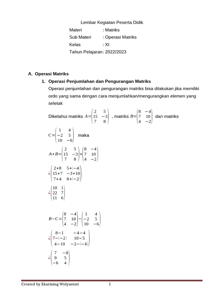 LKPD Operasi Matriks Untuk Di Print | PDF